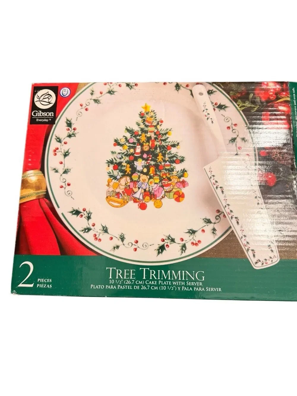 Gibson White Tree Trimming Cake Plate and Server Set 10 1/2  inch NEW in orginal